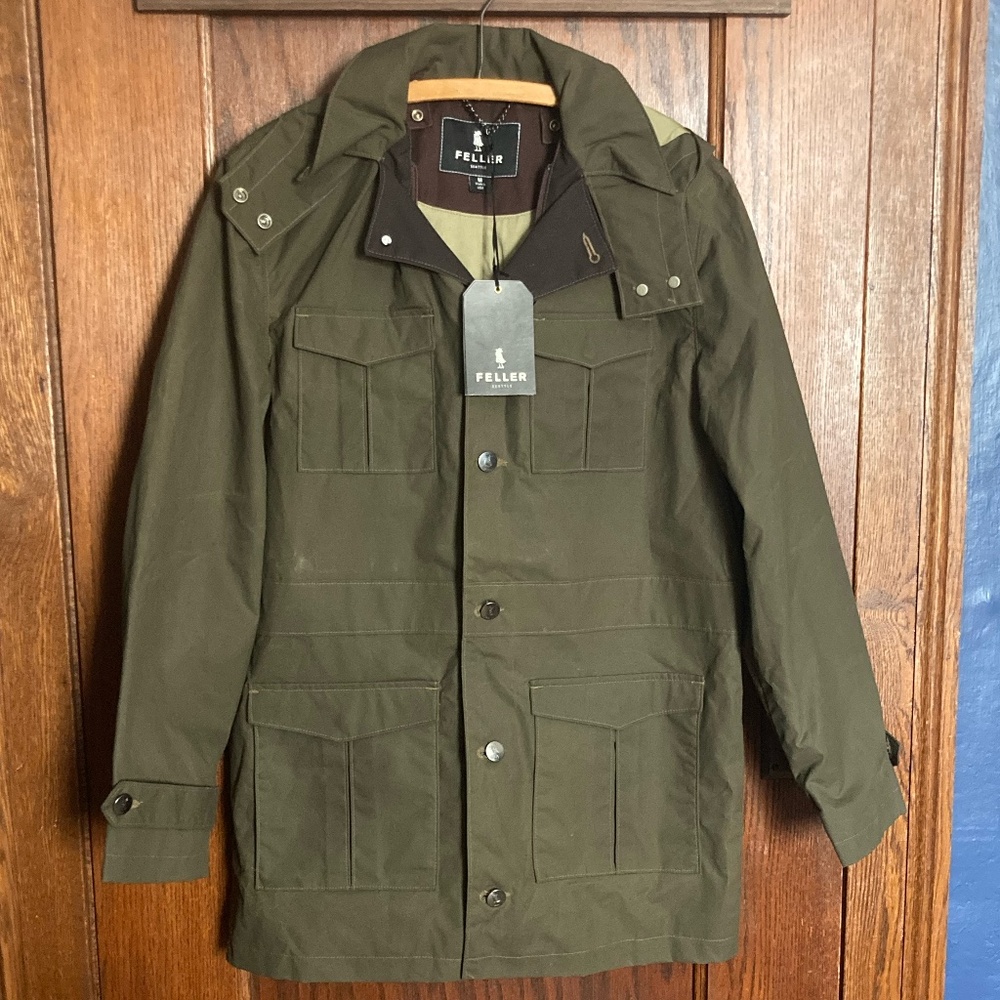 FELLER 100% Waxed Cotton Raincoat - Dark Olive - Size M - NEW WITH TAGS
